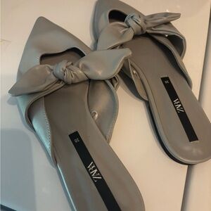 Zara Light Grey Knot-Front Pointed Mule Flats